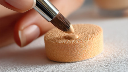 This image captures a detailed close-up of a makeup artist applying foundation using a brush on a makeup sponge, showcasing beauty essentials for a flawless look.の素材