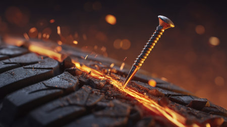 This dramatic close-up captures a steel nail embedded in a worn tire, with sparks and smoke creating an intense atmosphere. Ideal for automotive themes.の素材