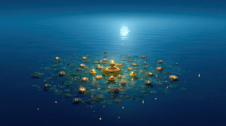 Immerse in a tranquil aquatic scene featuring illuminated water lilies floating on calm waters under a gentle moonlight glow.の素材