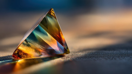 A stunning prism rests on a textured surface, capturing light and creating a mesmerizing array of colors. This image showcases beauty and elegance in an artistic design.の素材