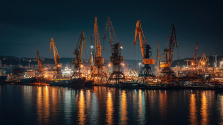 This stunning nighttime image showcases industrial cranes at a bustling port, with colorful reflections on the water enhancing the urban beauty and activity.の素材