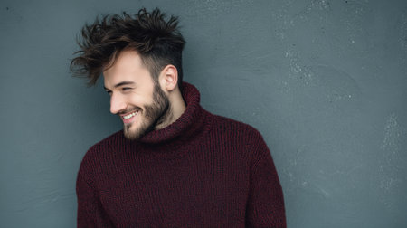 A young man with stylish hair and a beard smiles playfully in a cozy sweater against a textured gray wall, exuding confidence and charm.の素材