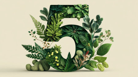 This artistic depiction of the number five showcases a vibrant composition of leaves and plants, symbolizing growth and nature's beauty. Perfect for eco-centric designs.の素材