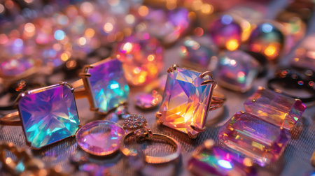 This stunning display features an array of colorful gems and rings, shimmering with vibrant hues and intricate designs, perfect for accessory lovers.の素材