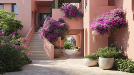 A beautiful courtyard featuring vibrant bougainvillea cascading over soft pink walls, offering a serene oasis filled with lush greenery and elegant planters.の素材