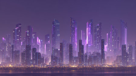 A breathtaking urban skyline illuminated by neon lights at night, surrounded by fog. This modern cityscape showcases stunning architecture and vibrant colors, creating a unique and futuristic atmosphere.の素材