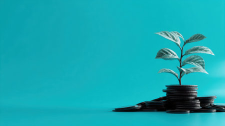 A vibrant green plant emerges from a pile of coins, showcasing the relationship between nature and financial growth, perfect for investment themes.の素材