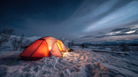 A vibrant red tent glows warmly against the stark, snowy landscape. The twilight sky reveals stars above majestic mountains, inviting winter exploration.の素材