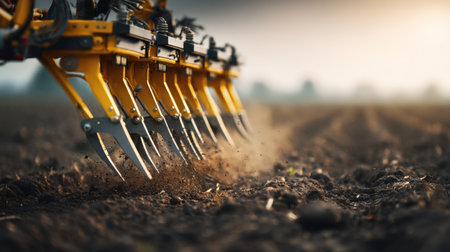 A detailed view of agricultural machinery working on soil, showcasing the precision of a cultivator in a rural landscape during sunset.の素材