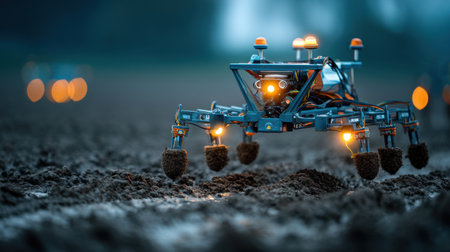 A cutting-edge robotic device works meticulously in a field at dusk, highlighting the intersection of technology and agriculture for modern farming practices.の素材