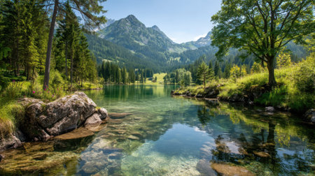 Experience the beauty of a serene lake nestled among majestic mountains and lush green forests under a bright sunny sky, perfect for outdoor adventures.の素材