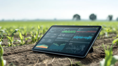 A sleek tablet displaying data analytics and metrics stands on fertile ground in a sunny agricultural field, representing modern farming technologies.の素材