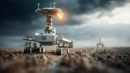 A futuristic robotic vehicle navigates a barren landscape, surrounded by dramatic clouds, showcasing innovation in exploration technology.の素材