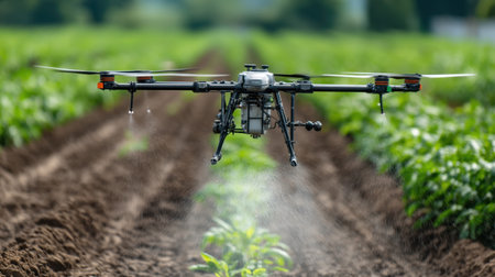 A drone hovers above a vibrant crop field, efficiently spraying pesticides under a clear blue sky, showcasing modern agricultural technology.の素材