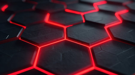 This image showcases a detailed view of dark hexagonal tiles illuminated by glowing red light, creating a striking and modern background perfect for technology and design projects.の素材