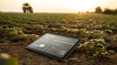 A tablet rests on rich soil, displaying detailed data analytics relevant to agriculture, surrounded by a sunlit field, showcasing technology in farming.の素材