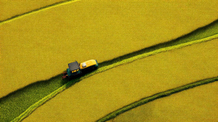 Experience the beauty of agriculture in this vibrant aerial view of a tractor moving through a golden rice field, showcasing nature's vibrant colors and the dedication of farmers.の素材
