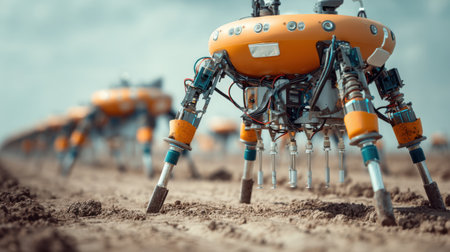 A group of advanced farming robots working efficiently in a large field, showcasing the future of sustainable agriculture and automation technology.の素材