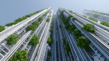This image showcases a striking view of modern skyscrapers with integrated greenery, creating a harmonious blend of nature and architecture under a clear sky.の素材