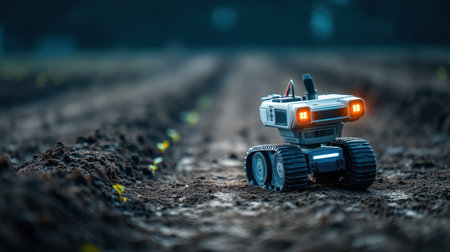 A small robotic vehicle equipped with bright lights traverses a freshly plowed field. Green sprouts emerge, showcasing the intersection of technology and agriculture.の素材