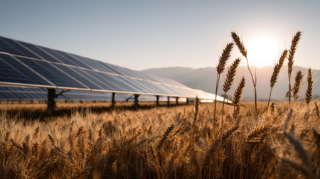 A stunning view of solar panels installed in a wheat field during sunset, showcasing the harmonious blend of agriculture and renewable energy.の素材
