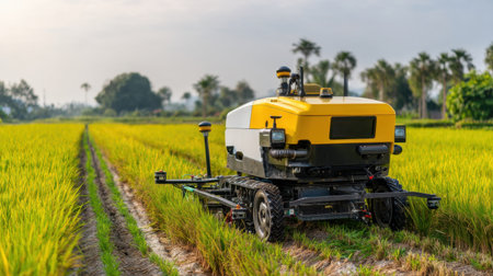 A state-of-the-art automated machine operates in a lush green rice field, symbolizing the future of farming technology and sustainability.の素材