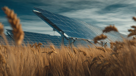 A striking image showcasing solar panels installed in a golden wheat field, emblematic of sustainable energy practices in harmony with nature.の素材
