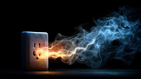 This striking image showcases an electric outlet with realistic flames and smoke, representing energy and power in a dramatic dark scene.の素材