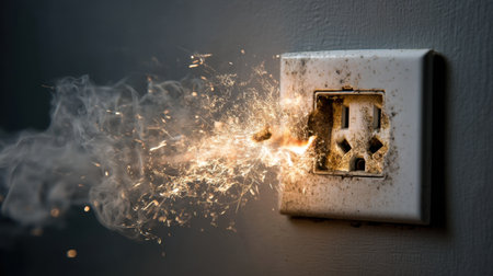 A close-up view of an electrical outlet emitting sparks and smoke, showcasing wall damage and the potential fire hazard in a home environment.の素材