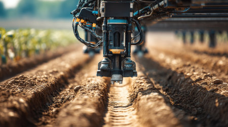 This image captures advanced agricultural equipment in action, preparing soil for crop planting. The precision technology highlights modern farming practices, focusing on efficiency and innovation in agriculture.の素材