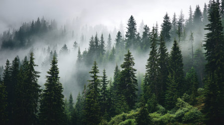 Discover a peaceful forest landscape shrouded in mist, featuring tall pine trees and lush greenery, perfect for nature enthusiasts and hikers.の素材