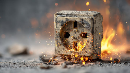 A dramatic scene showcasing an old electric outlet emitting sparks and flames, creating an intense atmosphere of danger and energy.の素材