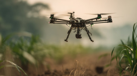 A medium-sized drone hovers above an agricultural field, equipped for crop monitoring and precision farming amidst lush greenery and natural beauty.の素材