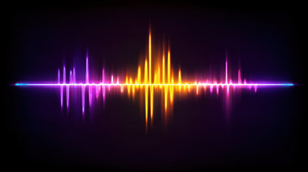 Bright and vibrant audio waveform visualization showcases neon colors against a dark background, perfect for music and sound-related projects.の素材