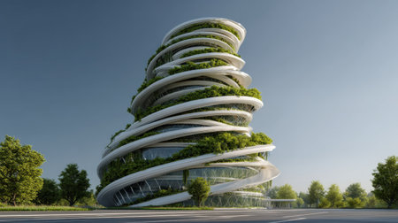 A striking modern building showcases a unique spiral design, integrating lush greenery and futuristic aesthetics within an urban landscape.の素材