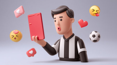 A vibrant illustration of a surprised soccer fan engaged with a smartphone, surrounded by playful emojis conveying joy and excitement.の素材