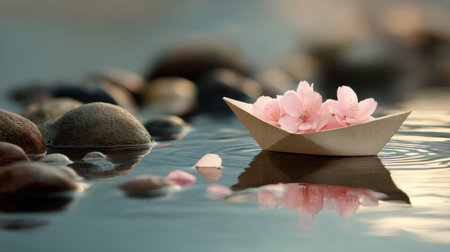 A picturesque scene featuring delicate cherry blossom petals resting in a wooden boat, gently floating on tranquil water. Smooth stones surround the boat, creating a serene ambiance ideal for relaxation and reflection. The soft colors of the petals contrast beautifully with the calm water, evoking a sense of harmony in nature.の素材