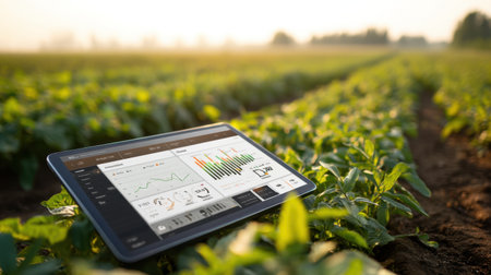 A modern tablet is showcased on vibrant green fields during the early morning, illustrating the intersection of technology and agriculture.の素材