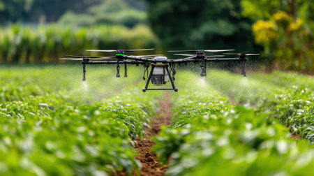 A high-tech drone hovers above a lush green agricultural field, efficiently spraying crops with precision. This innovative farming method showcases modern agricultural practices.の素材