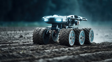 A futuristic robotic machine designed for farming is shown working the soil in a rural landscape during dusk, highlighting innovation in agriculture.の素材