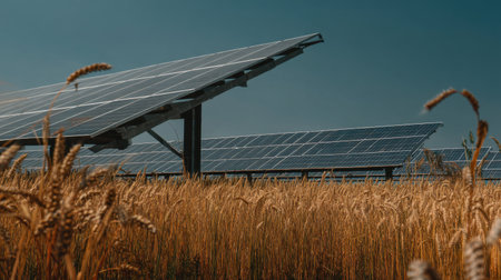 Solar panels stand majestically against a clear blue sky, surrounded by a golden wheat field, showcasing innovation in renewable energy and sustainable agriculture practices.の素材