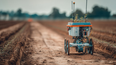 An autonomous agricultural robot navigates a farm pathway, supporting sustainable practices by nurturing plants, showcasing technology in modern farming.の素材