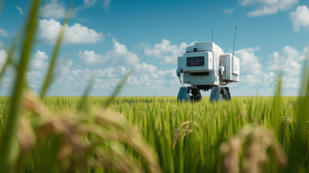A futuristic robot is seen tending to a lush rice field under a clear blue sky, highlighting the intersection of technology and agriculture.の素材