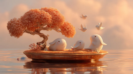 This enchanting illustration features adorable characters on a serene island with a pink tree and floating birds, conveying peace and whimsy.の素材