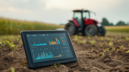A close-up view of a tablet displaying detailed data analysis set on the soil in a field. A tractor is visible in the blurred background, symbolizing modern farming practices.の素材