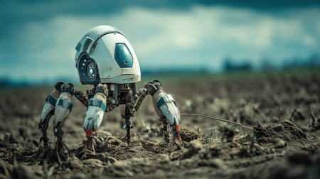 A futuristic robot works diligently on an agricultural field, showcasing the integration of technology in farming. The scene captures the robot's intricate design against a dramatic sky.の素材