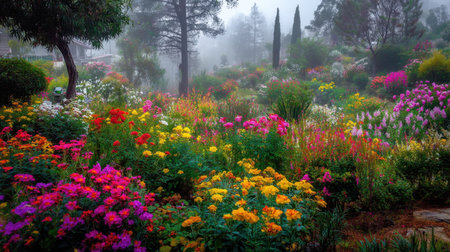 A stunning view of a vibrant floral garden shrouded in mist, showcasing a myriad of colorful blooms surrounded by lush greenery, creating a serene and picturesque landscape.の素材
