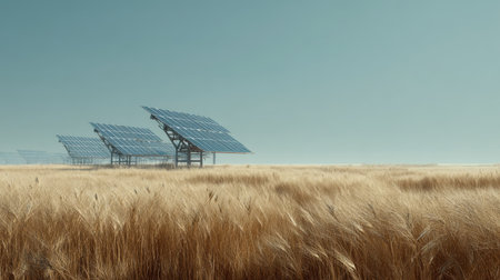 A serene landscape showcasing solar panels set against a backdrop of golden wheat, emphasizing renewable energy solutions in agriculture.の素材