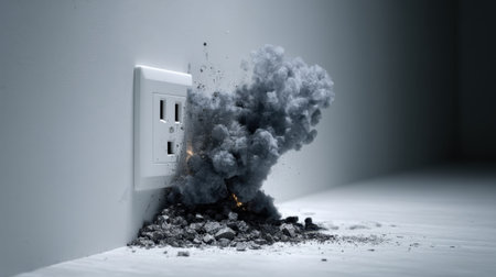 A dramatic scene depicting an explosion from an electrical outlet, with billowing smoke and debris surrounding it, emphasizing potential hazards in homes.の素材