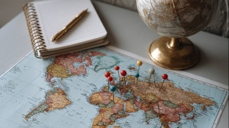 A vibrant and detailed world map featuring colorful pins, a globe, and a notebook on a desk, perfect for travel planning and exploration.の素材
